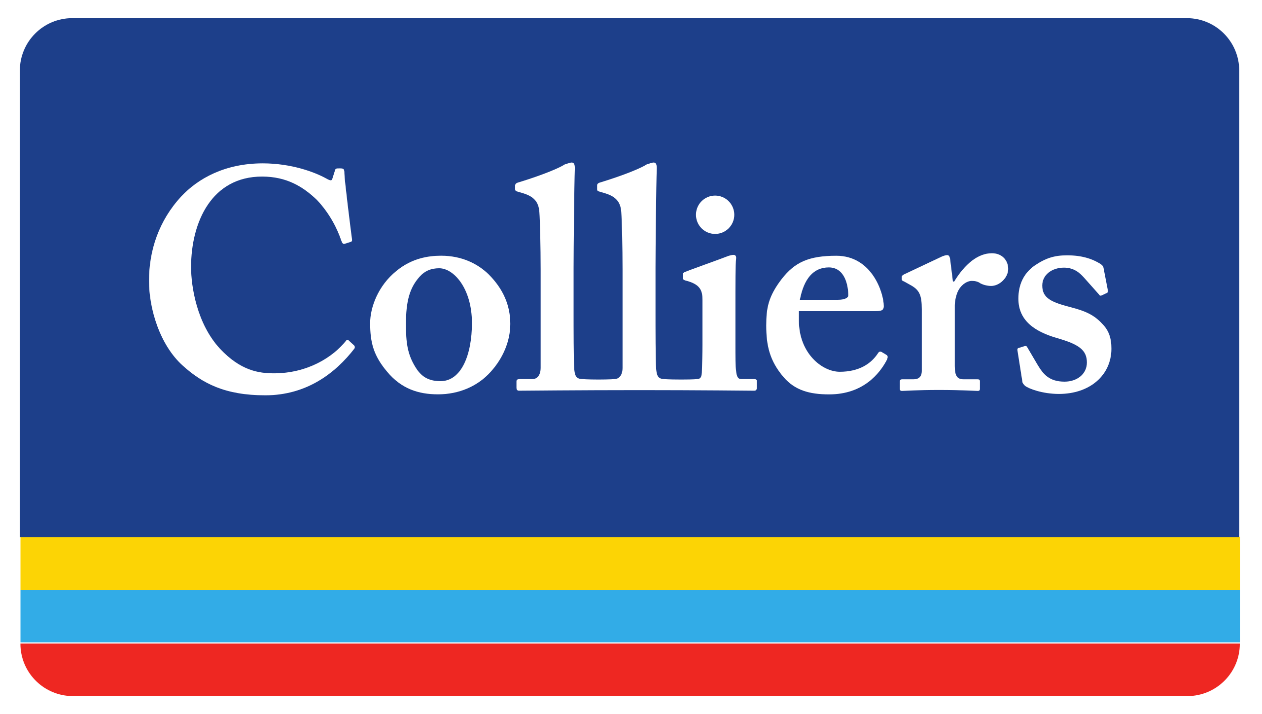 Colliers logo featuring blue background, white text, and horizontal stripes in yellow, blue, and red.