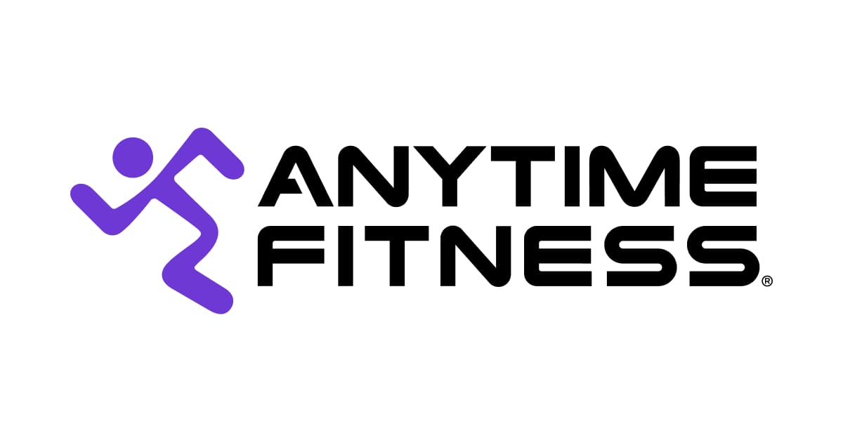 Purple figure running next to the text "ANYTIME FITNESS" in bold black font.
