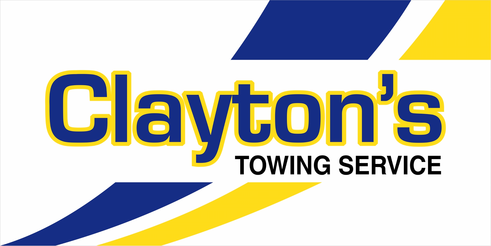 Yellow and blue logo for Clayton's Towing Service, featuring bold text and curved stripes.